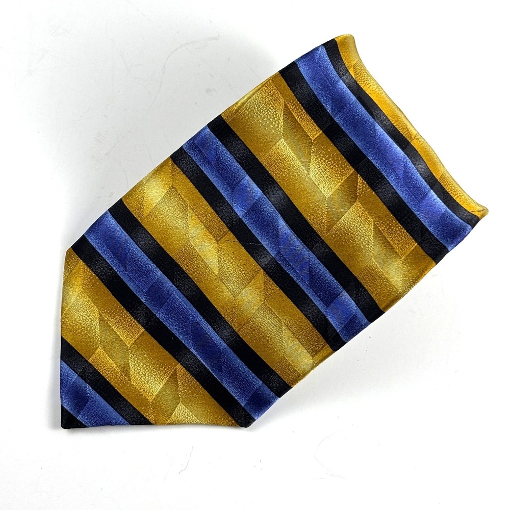 Ziggurat Necktie Mens Gold Blue Black Silk Striped Geometric USA Formal Preppy